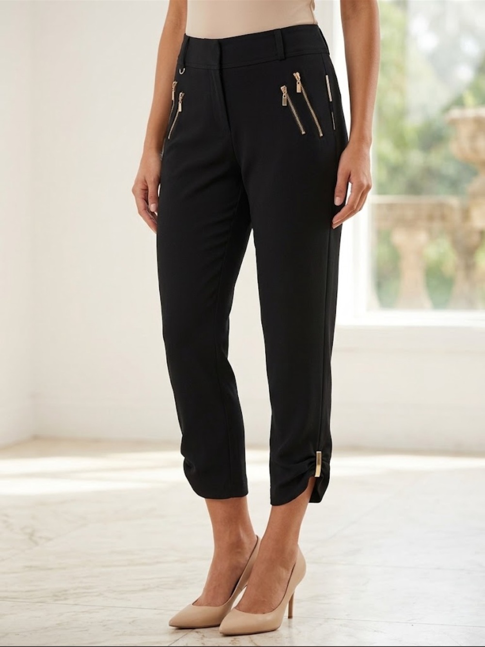 Cache Black Cropped Zip-Pocket Pants with Gold Accents